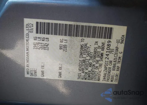 2012 Nissan Altima 2.5 S z USA, uszkodzony, nr VIN 1N4AL2AP1CC241089